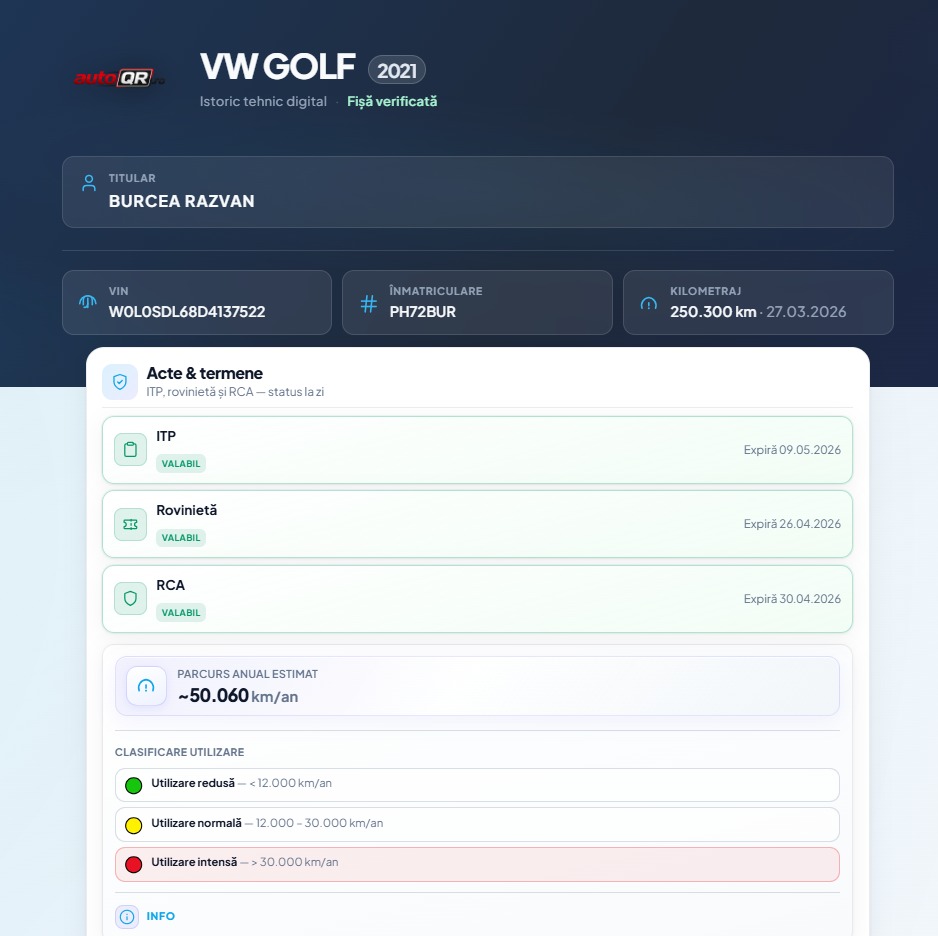 Cod QR pentru pagina publică de istoric vehicul
